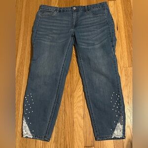 AMBRIA size 14P Blue Jeans with Lace  & Pearl Accents